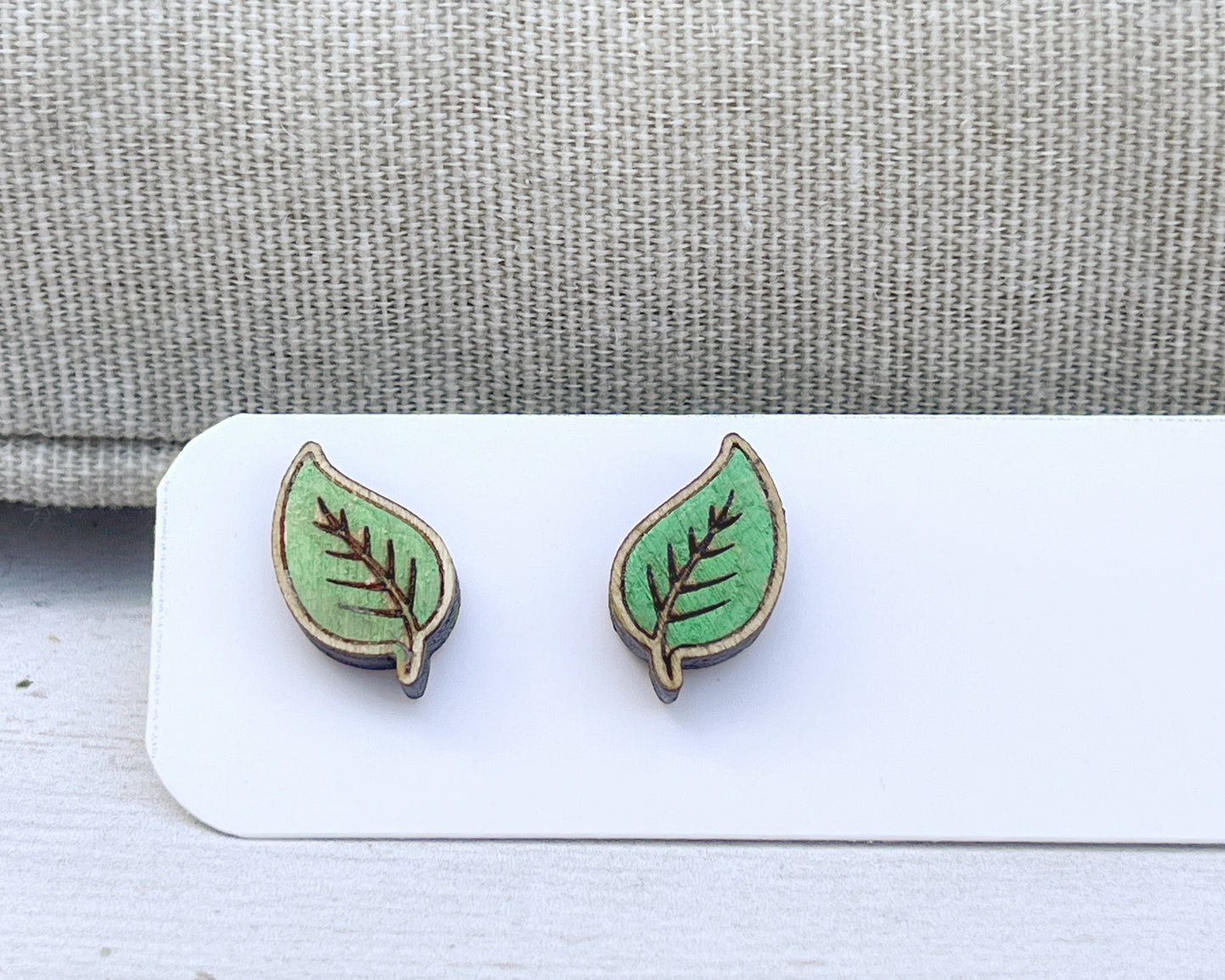 Hand Painted Wooden Green Leaf Stud Earrings — Botanical Nature Jewellery — Handmade Gift for Plant Lovers