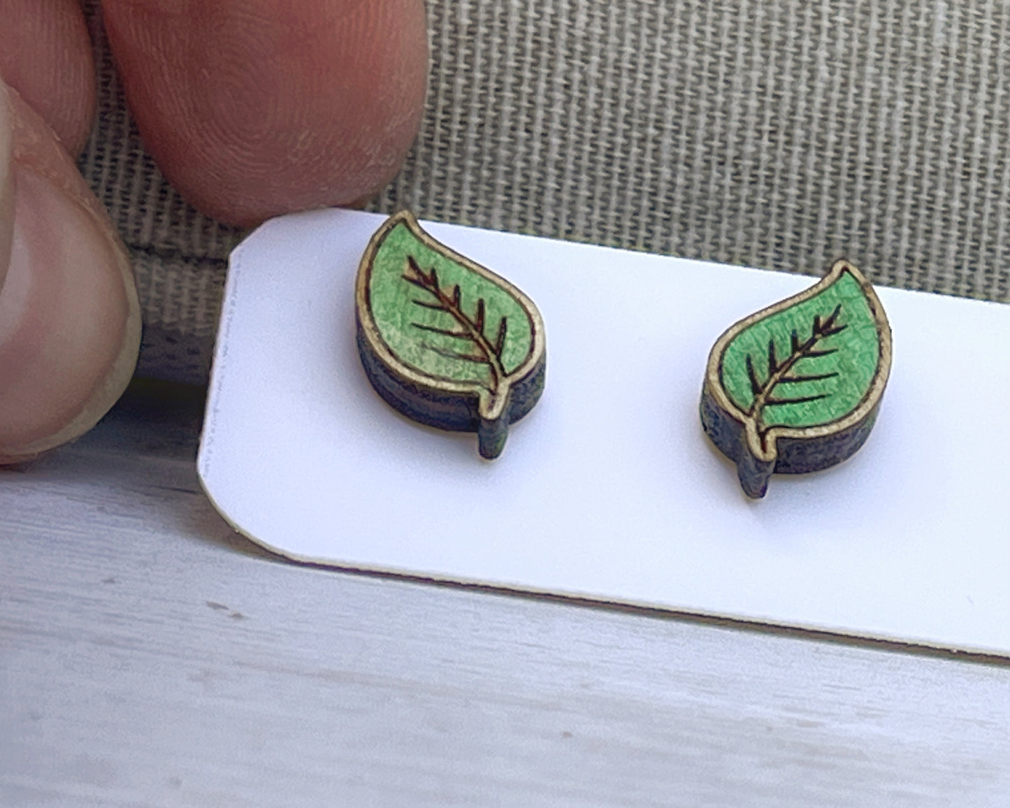 Hand Painted Wooden Green Leaf Stud Earrings — Botanical Nature Jewellery — Handmade Gift for Plant Lovers