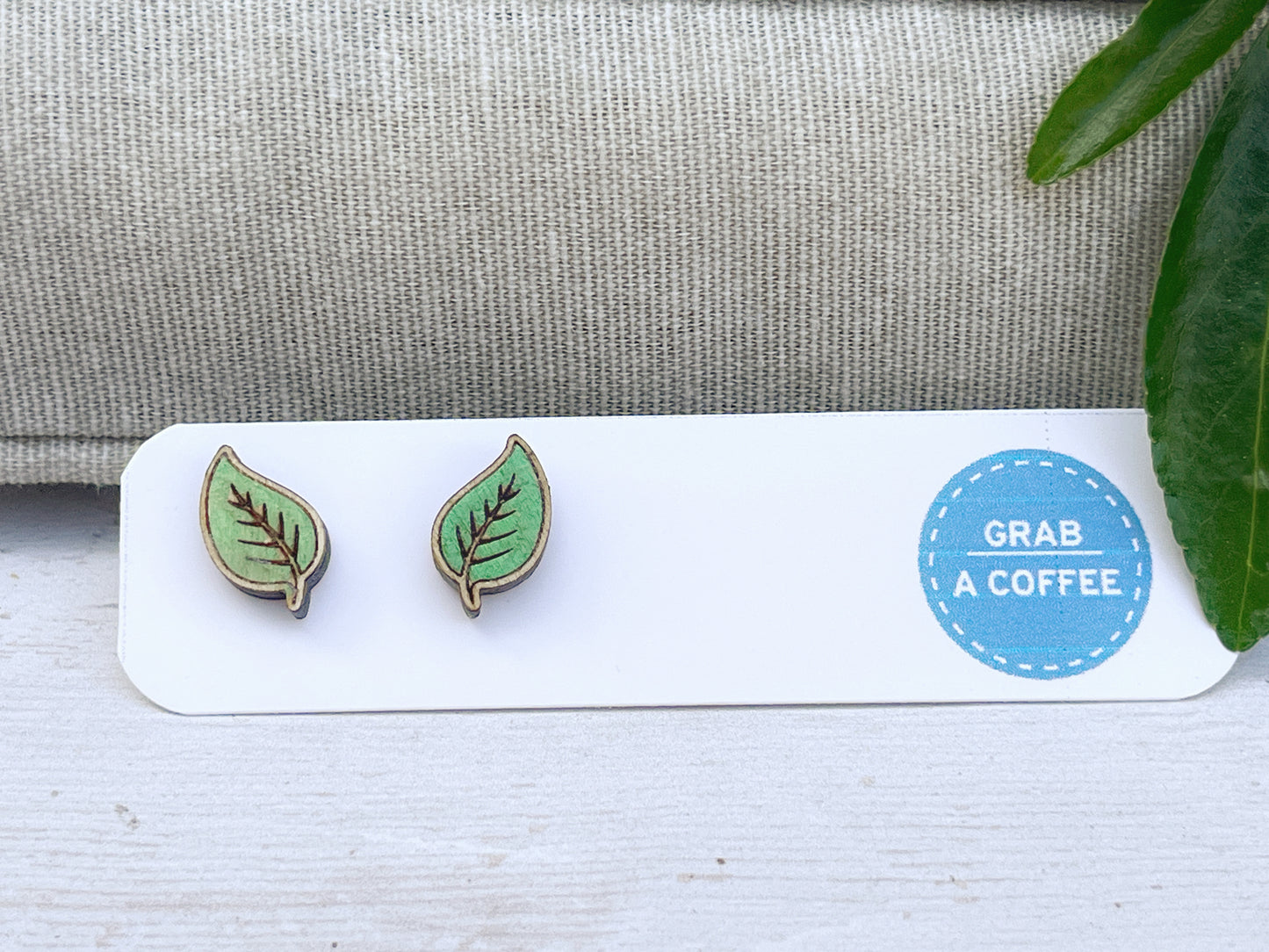 Hand Painted Wooden Green Leaf Stud Earrings — Botanical Nature Jewellery — Handmade Gift for Plant Lovers