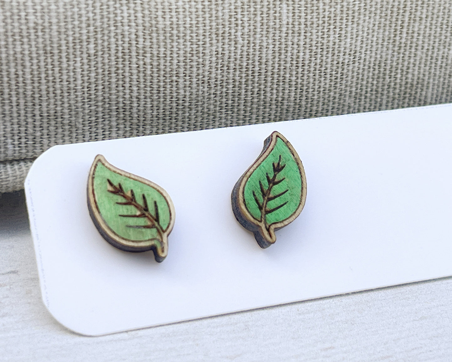 Hand Painted Wooden Green Leaf Stud Earrings — Botanical Nature Jewellery — Handmade Gift for Plant Lovers