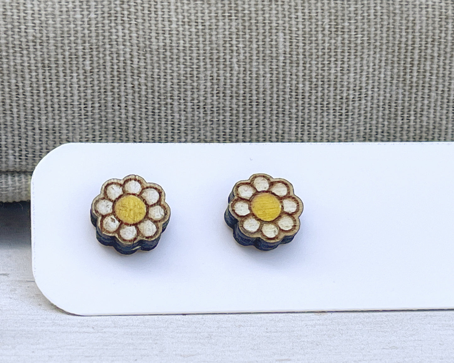 Daisy Flower Stud Earrings — Handmade Laser Cut Plywood, White or Blue, Floral Nature Jewellery