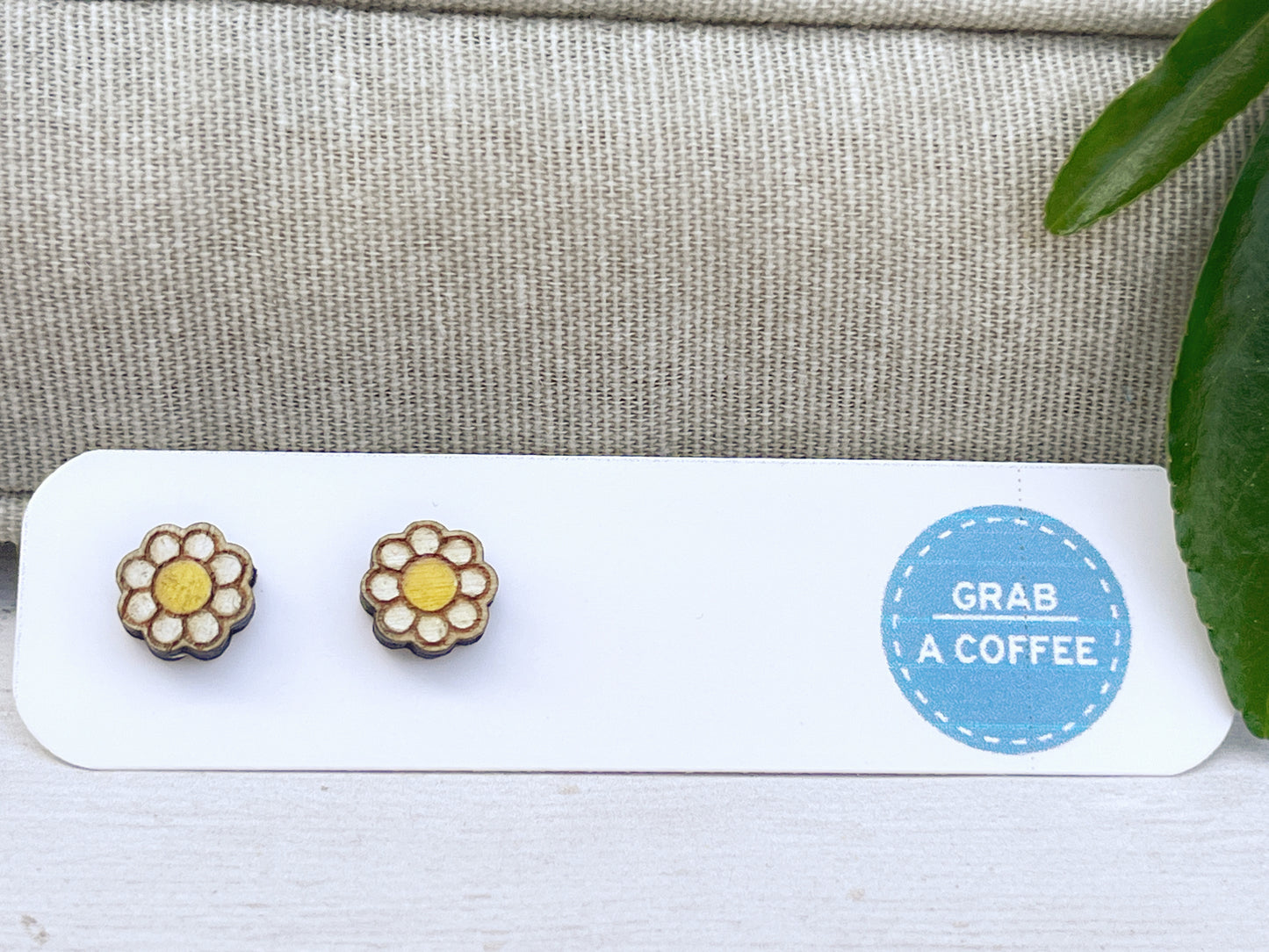 Daisy Flower Stud Earrings — Handmade Laser Cut Plywood, White or Blue, Floral Nature Jewellery