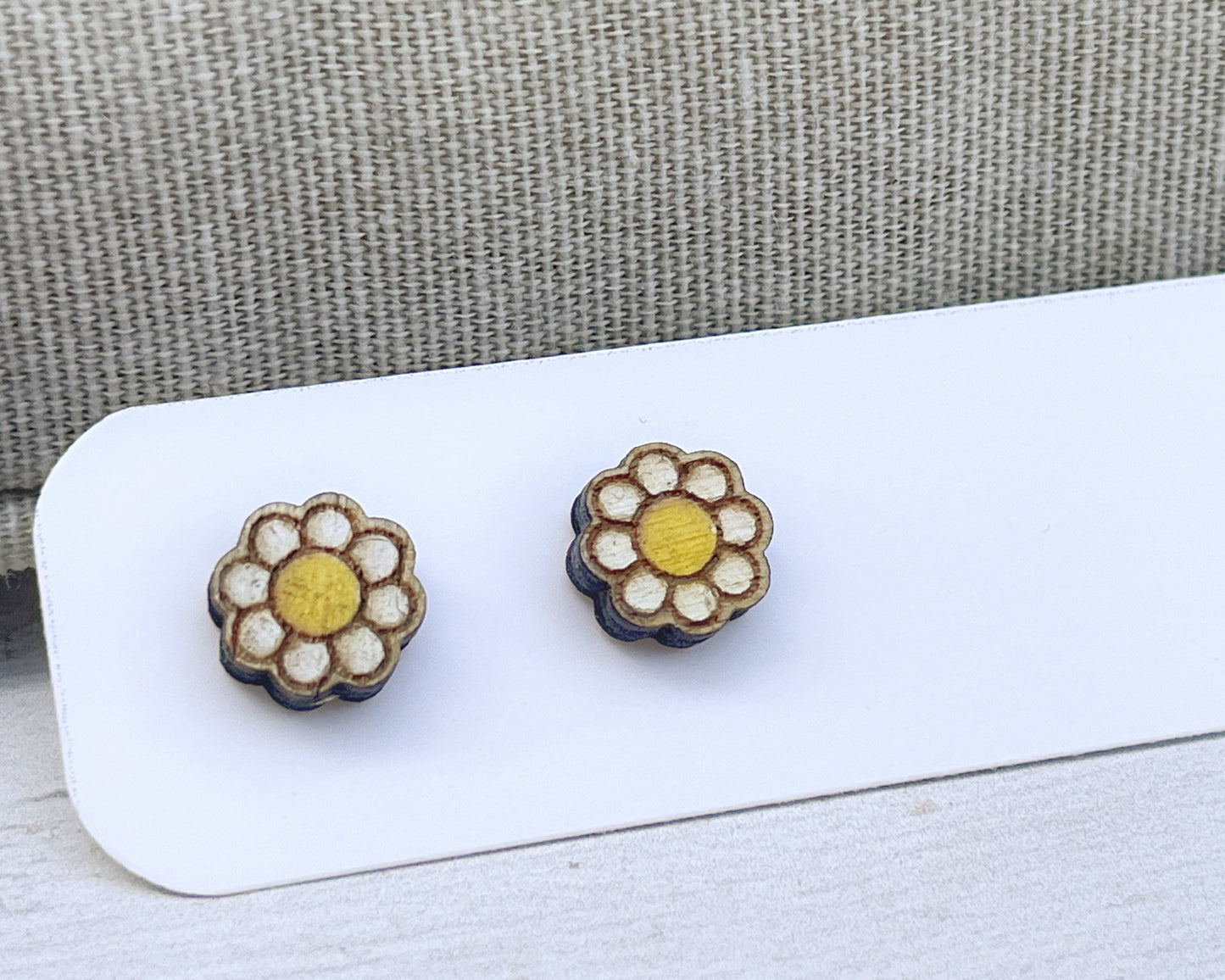 Daisy Flower Stud Earrings — Handmade Laser Cut Plywood, White or Blue, Floral Nature Jewellery