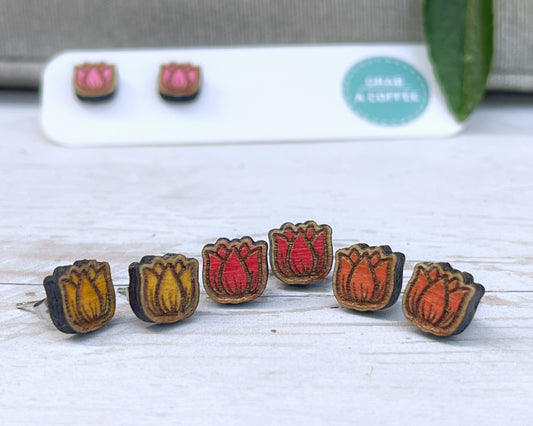 Tulip Stud Earrings — Handmade Laser Cut Plywood, Red Pink or Orange, Spring Floral Jewellery