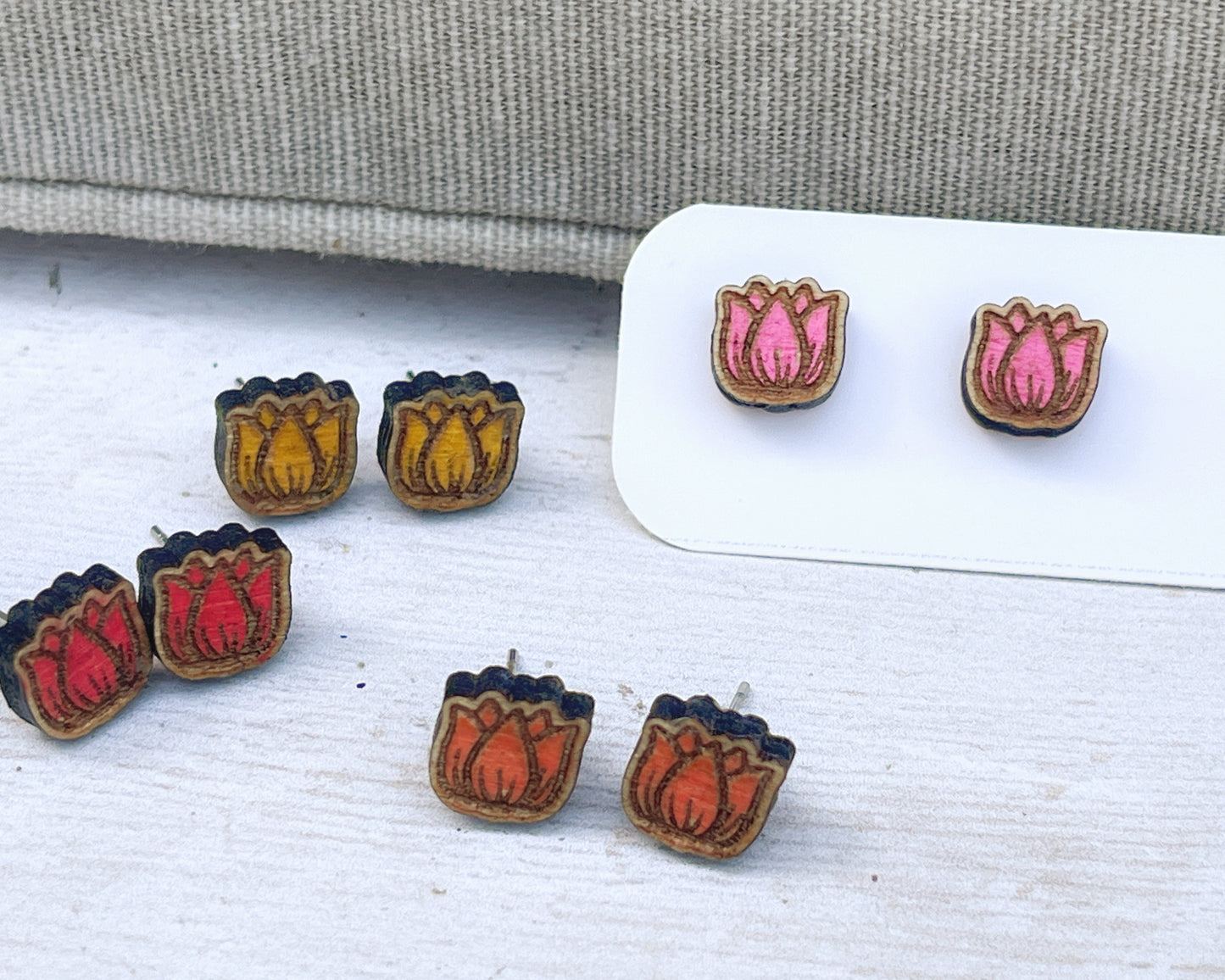 Tulip Stud Earrings — Handmade Laser Cut Plywood, Red Pink or Orange, Spring Floral Jewellery
