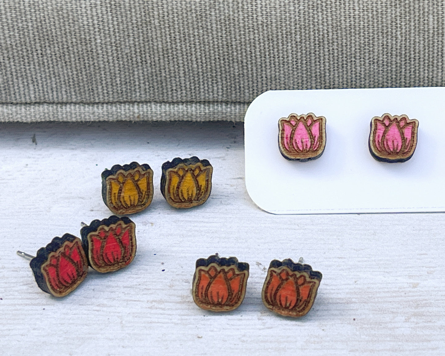 Tulip Stud Earrings — Handmade Laser Cut Plywood, Red Pink or Orange, Spring Floral Jewellery