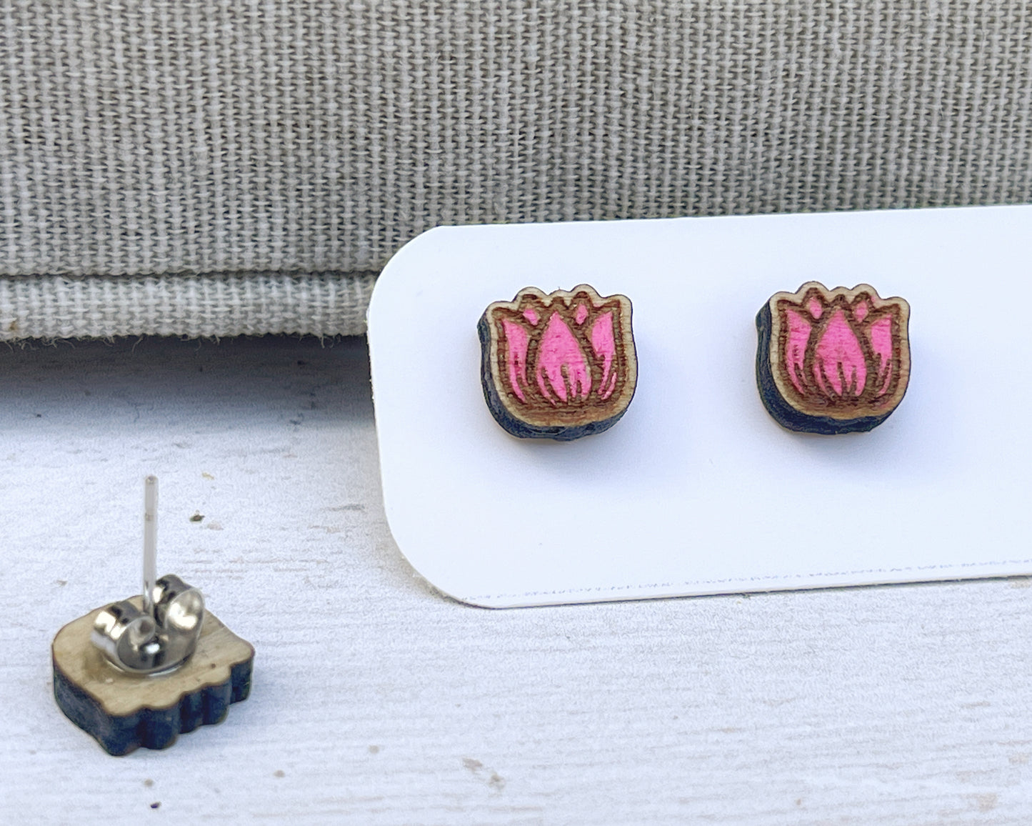 Tulip Stud Earrings — Handmade Laser Cut Plywood, Red Pink or Orange, Spring Floral Jewellery