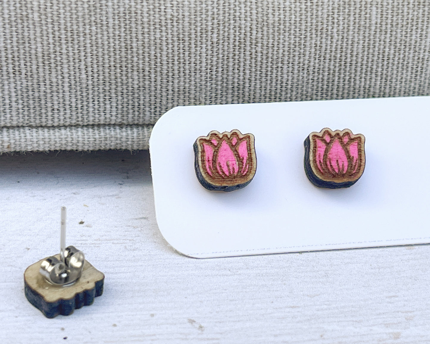 Tulip Stud Earrings — Handmade Laser Cut Plywood, Red Pink or Orange, Spring Floral Jewellery