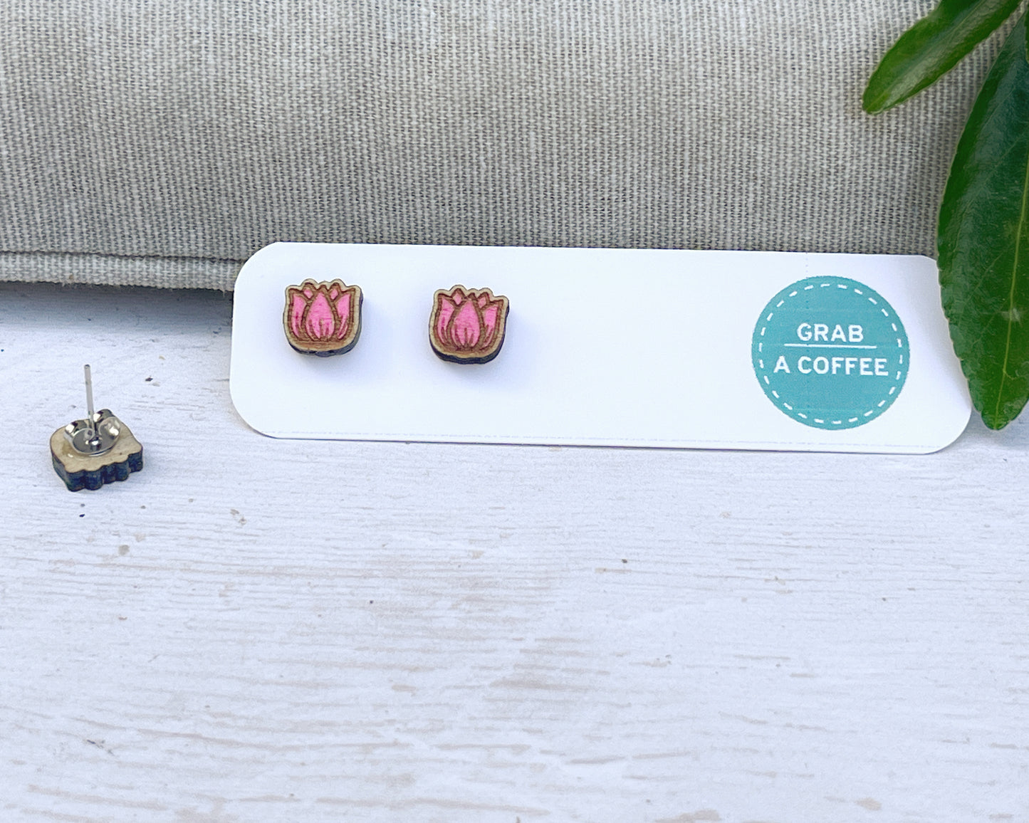 Tulip Stud Earrings — Handmade Laser Cut Plywood, Red Pink or Orange, Spring Floral Jewellery