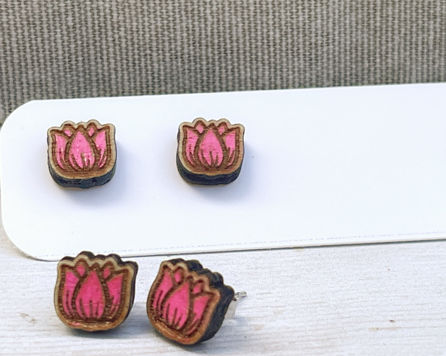 Tulip Stud Earrings — Handmade Laser Cut Plywood, Red Pink or Orange, Spring Floral Jewellery