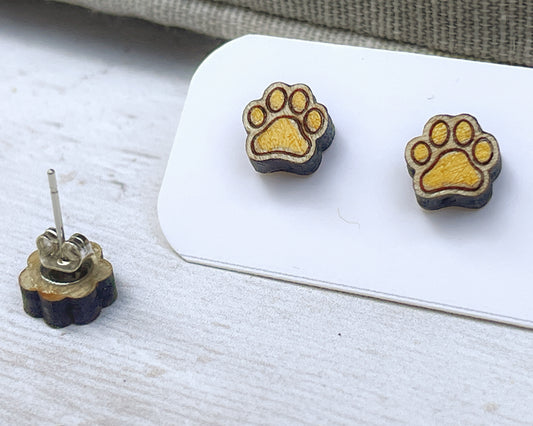 Hand Painted Wooden Tiny Paw Print Stud Earrings — Animal Lover Jewellery — Handmade Pet Lover Gift