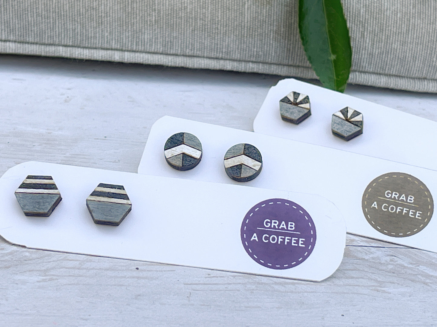 Black White Gray Geometric Stud Earrings – Small Modern Earrings Set – Laser Cut Birch Wood Jewelry – Minimalist Handmade Earrings