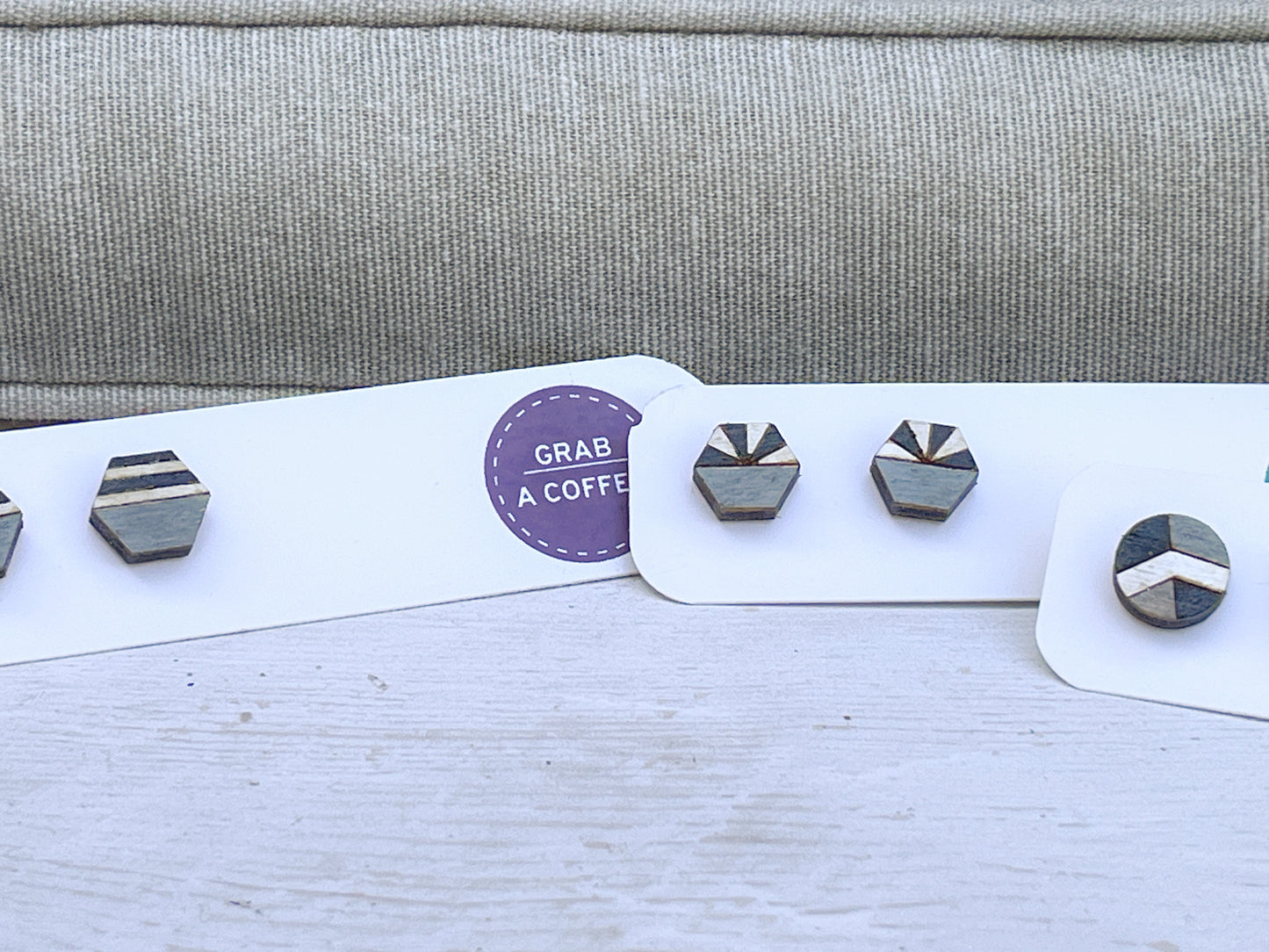 Black White Gray Geometric Stud Earrings – Small Modern Earrings Set – Laser Cut Birch Wood Jewelry – Minimalist Handmade Earrings
