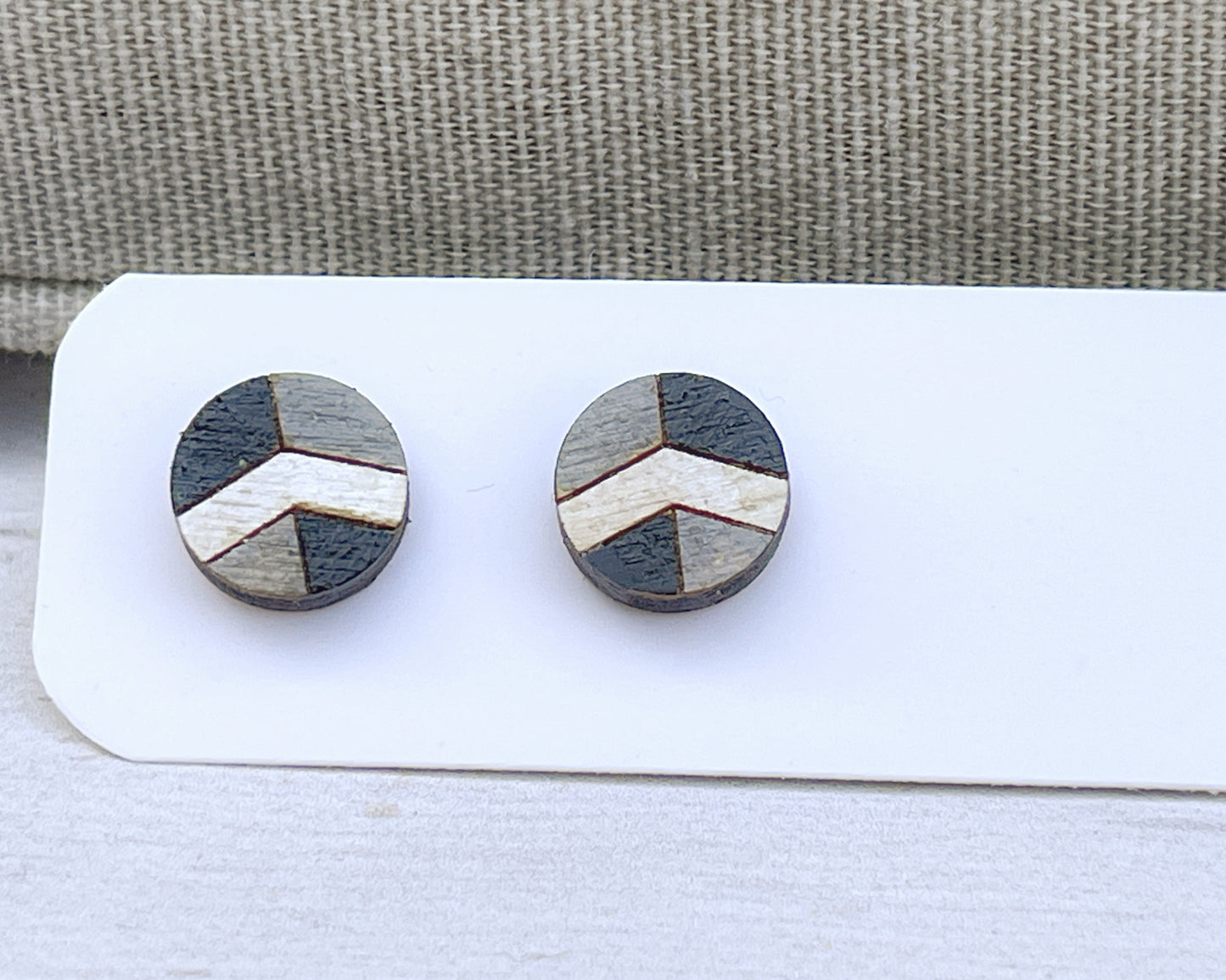 Black White Gray Geometric Stud Earrings – Small Modern Earrings Set – Laser Cut Birch Wood Jewelry – Minimalist Handmade Earrings