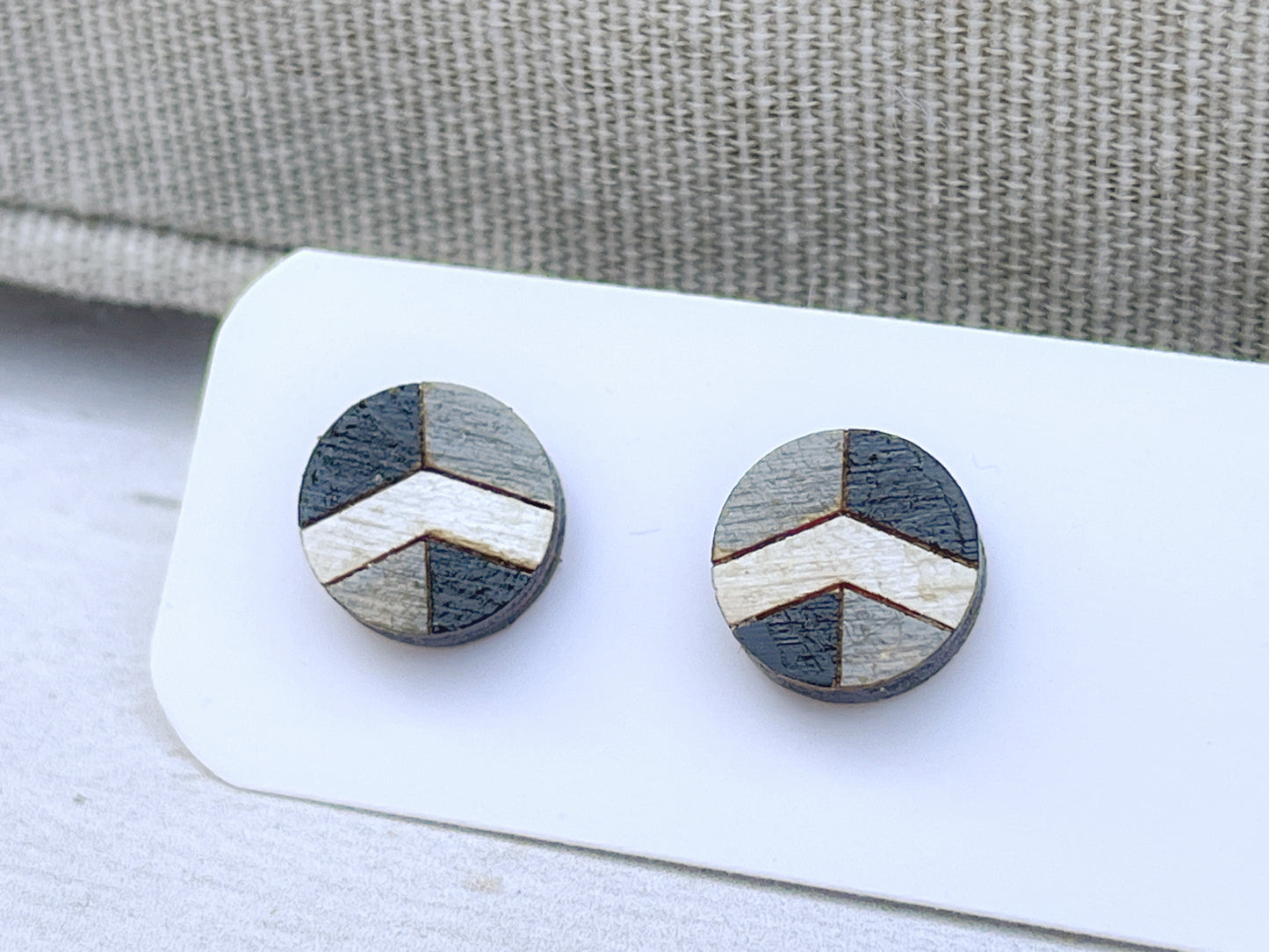 Black White Gray Geometric Stud Earrings – Small Modern Earrings Set – Laser Cut Birch Wood Jewelry – Minimalist Handmade Earrings
