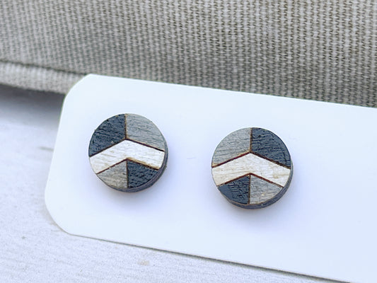 Black White Gray Geometric Stud Earrings – Small Modern Earrings Set – Laser Cut Birch Wood Jewelry – Minimalist Handmade Earrings