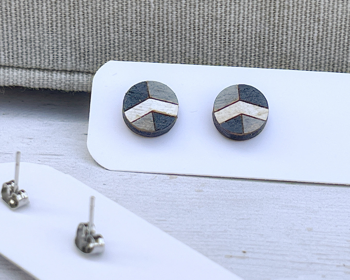 Black White Gray Geometric Stud Earrings – Small Modern Earrings Set – Laser Cut Birch Wood Jewelry – Minimalist Handmade Earrings