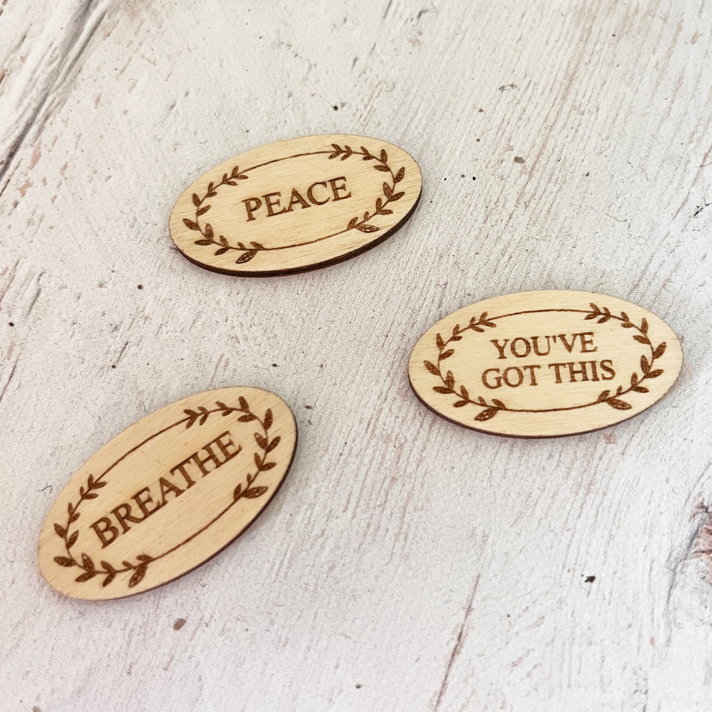 Worry Stone — Engraved Wooden Token | Breathe / Peace / You've Got This