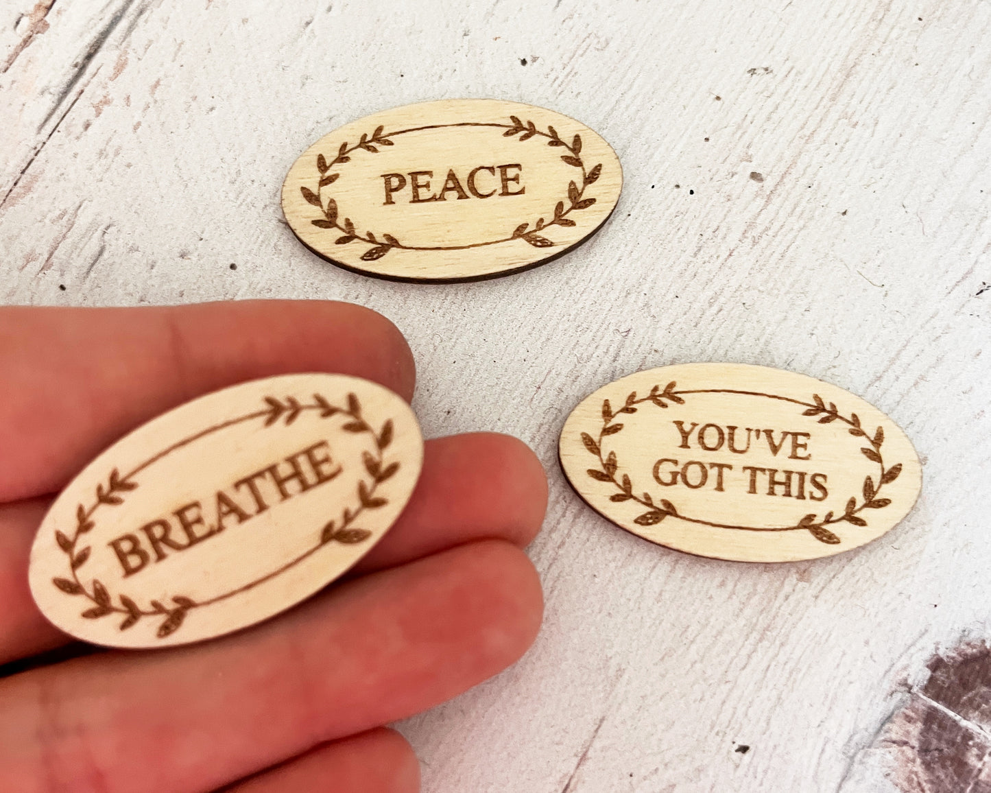 Worry Stone — Engraved Wooden Token | Breathe / Peace / You've Got This