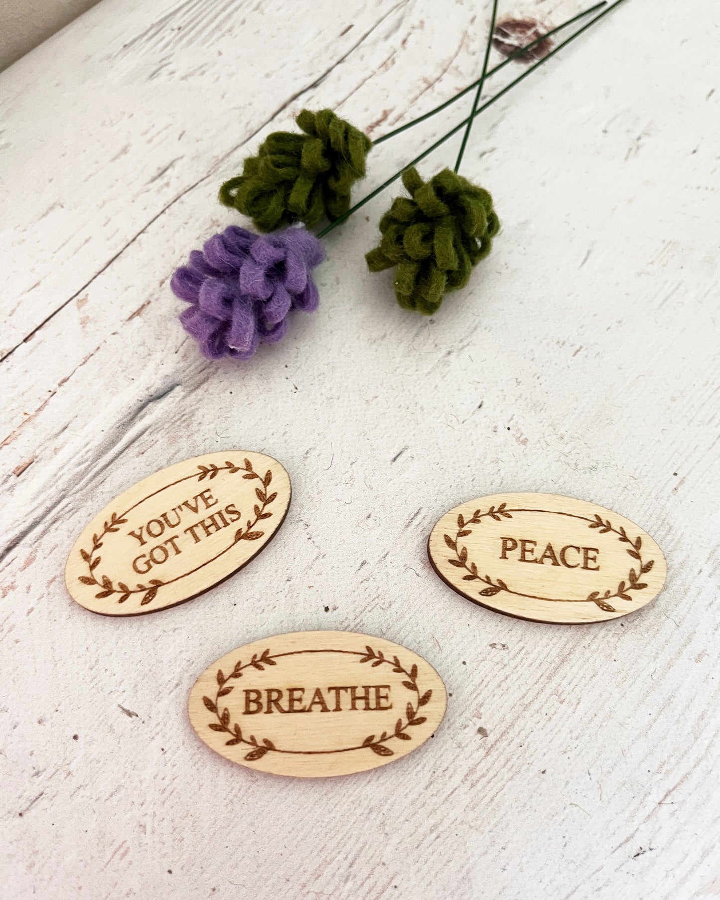 Worry Stone — Engraved Wooden Token | Breathe / Peace / You've Got This