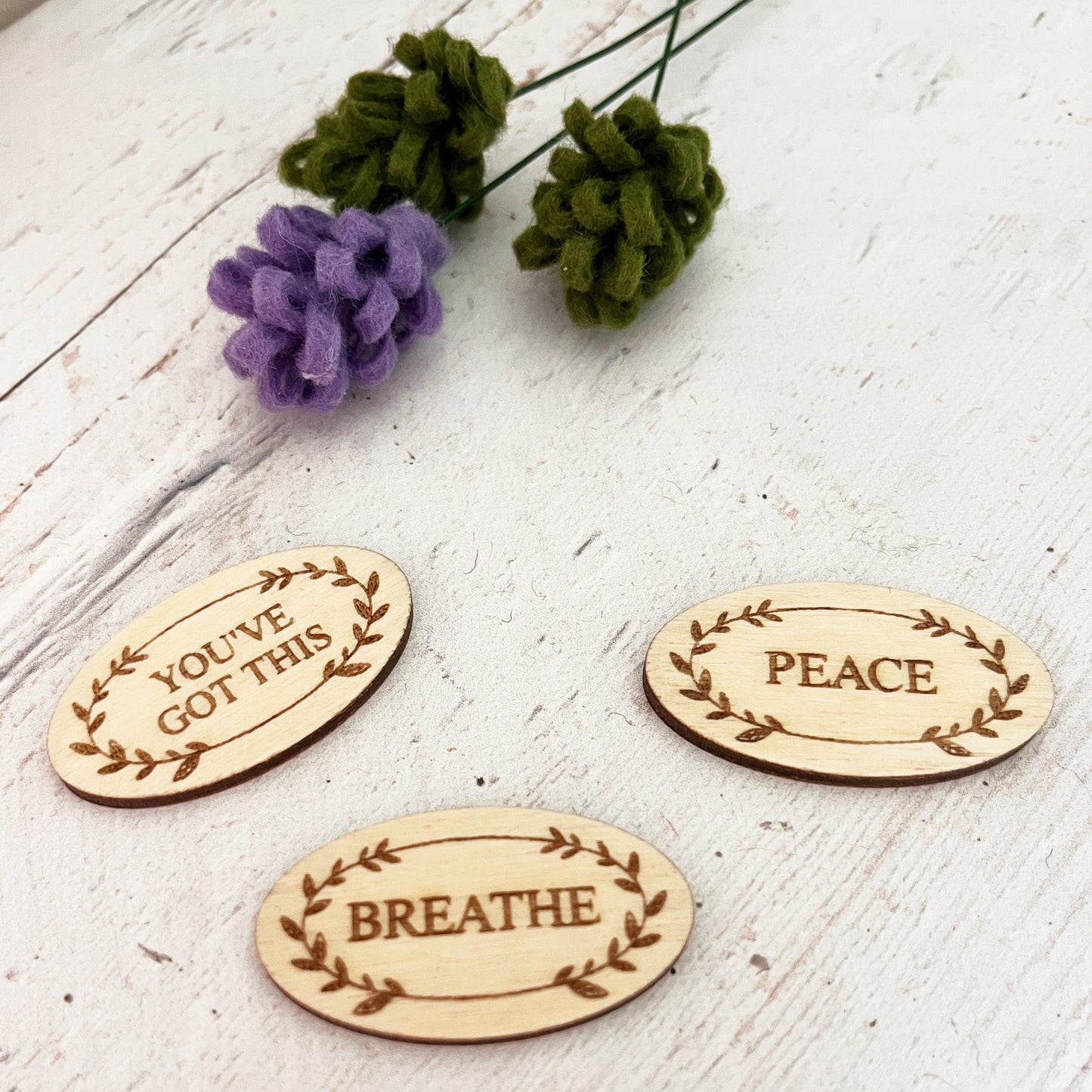 Worry Stone — Engraved Wooden Token | Breathe / Peace / You've Got This
