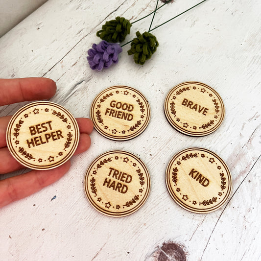 Kids Achievement Coin — Engraved Wooden Reward Token