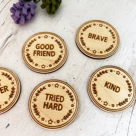 Kids Achievement Coin Set — Pack of 5 Wooden Reward Tokens