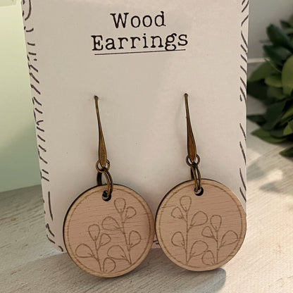 Light Pink Wooden Dangle Earrings – Leaf Engraved Circle Earrings – Laser Cut Birch Jewelry with Antiqued Bronze – Lightweight Boho Gift