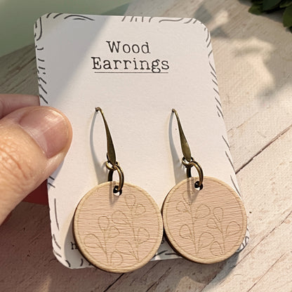 Light Pink Wooden Dangle Earrings – Leaf Engraved Circle Earrings – Laser Cut Birch Jewelry with Antiqued Bronze – Lightweight Boho Gift