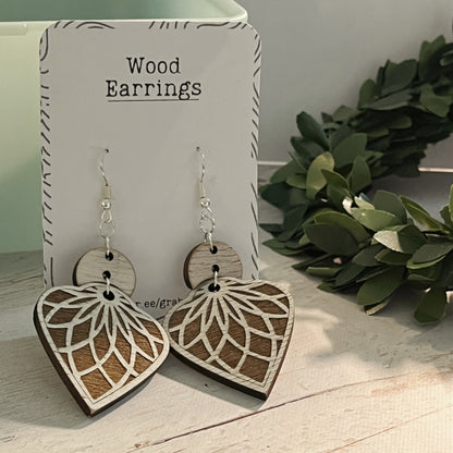 White & Brown Mandala Earrings – Long Wooden Engraved Earrings – Aged Look Boho Jewelry – Lightweight Silver Hook Earrings