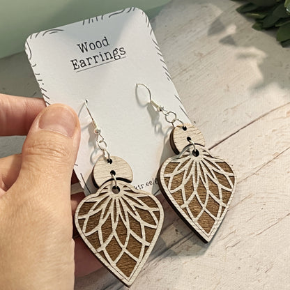 White & Brown Mandala Earrings – Long Wooden Engraved Earrings – Aged Look Boho Jewelry – Lightweight Silver Hook Earrings