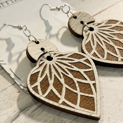 White & Brown Mandala Earrings – Long Wooden Engraved Earrings – Aged Look Boho Jewelry – Lightweight Silver Hook Earrings