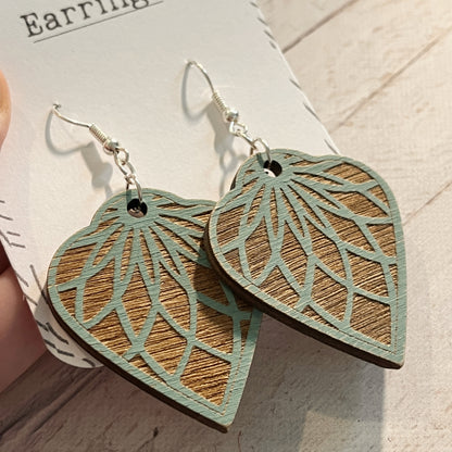 Turquoise & Brown Mandala Earrings – Engraved Wooden Dangle Jewelry – Boho Lightweight Earrings – Rustic Silver Hook Earrings