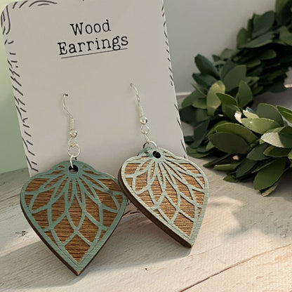 Turquoise & Brown Mandala Earrings – Engraved Wooden Dangle Jewelry – Boho Lightweight Earrings – Rustic Silver Hook Earrings