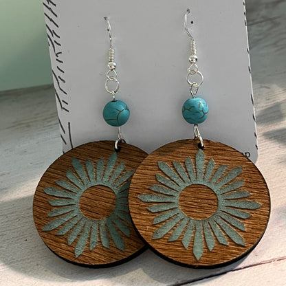 Sunshine Design Earrings – Turquoise & Brown Wooden Circles – Engraved Boho Earrings – Aged Look Dangle Jewelry