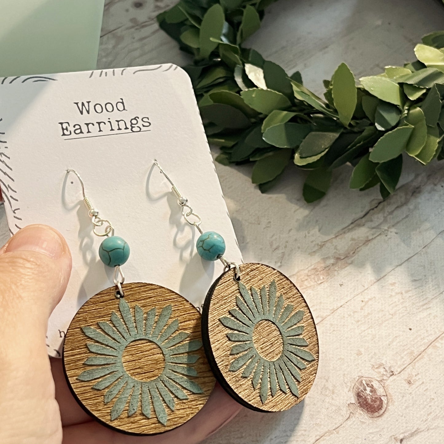 Sunshine Design Earrings – Turquoise & Brown Wooden Circles – Engraved Boho Earrings – Aged Look Dangle Jewelry