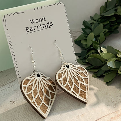White & Brown Mandala Earrings – Wooden Engraved Earrings – Aged Look Boho Jewelry – Lightweight Silver Hook Earrings
