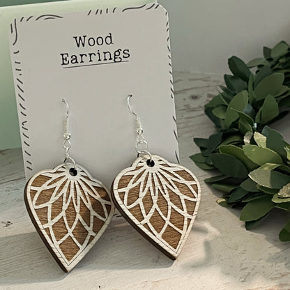 White & Brown Mandala Earrings – Wooden Engraved Earrings – Aged Look Boho Jewelry – Lightweight Silver Hook Earrings