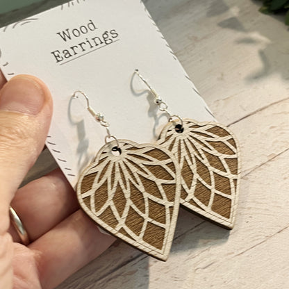 White & Brown Mandala Earrings – Wooden Engraved Earrings – Aged Look Boho Jewelry – Lightweight Silver Hook Earrings