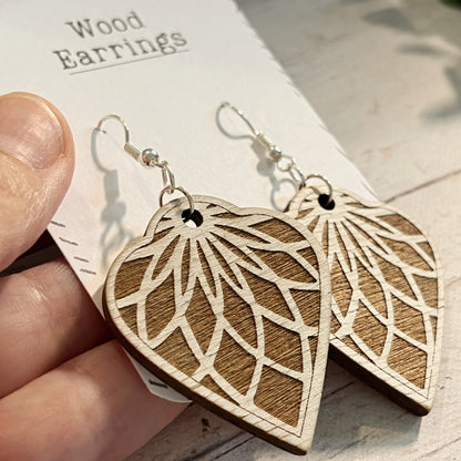 White & Brown Mandala Earrings – Wooden Engraved Earrings – Aged Look Boho Jewelry – Lightweight Silver Hook Earrings