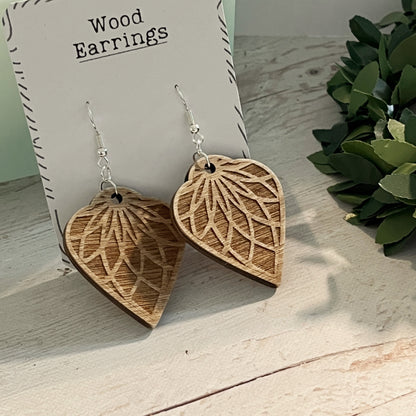 Natural Brown Mandala Earrings – Wooden Laser Engraved Jewelry – Boho Aged Look Earrings – Lightweight Silver Dangles