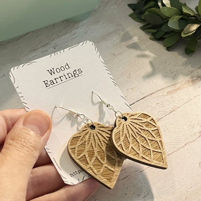 Natural Brown Mandala Earrings – Wooden Laser Engraved Jewelry – Boho Aged Look Earrings – Lightweight Silver Dangles