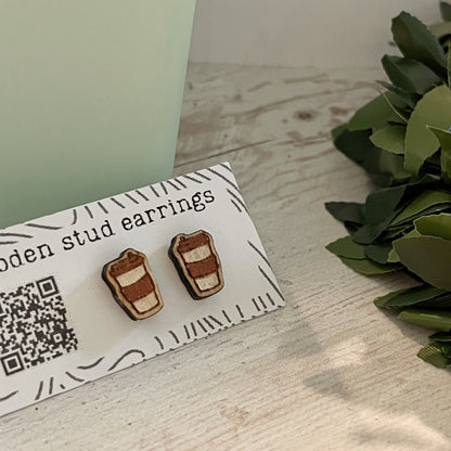 Coffee Cup Stud Earrings – Mini To-Go Cup Earrings – Wooden Coffee Jewelry – Cute Barista Gift – Caffeine Lover Earrings