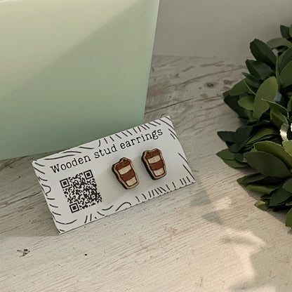 Coffee Cup Stud Earrings – Mini To-Go Cup Earrings – Wooden Coffee Jewelry – Cute Barista Gift – Caffeine Lover Earrings