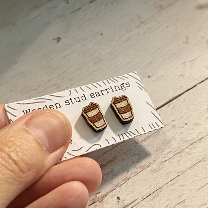 Coffee Cup Stud Earrings – Mini To-Go Cup Earrings – Wooden Coffee Jewelry – Cute Barista Gift – Caffeine Lover Earrings