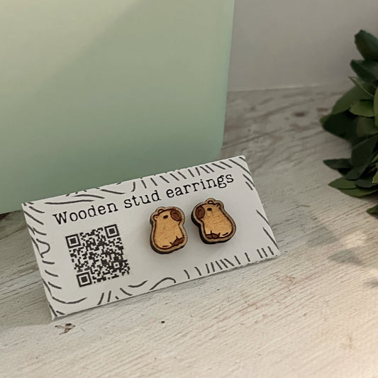 Capybara Stud Earrings – Mini Wooden Earrings – Cute Animal Jewelry – Laser Cut Wood Studs – Capybara Lover Gift