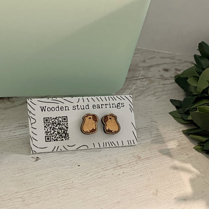 Capybara Stud Earrings – Mini Wooden Earrings – Cute Animal Jewelry – Laser Cut Wood Studs – Capybara Lover Gift