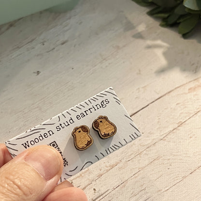 Capybara Stud Earrings – Mini Wooden Earrings – Cute Animal Jewelry – Laser Cut Wood Studs – Capybara Lover Gift
