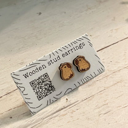 Capybara Stud Earrings – Mini Wooden Earrings – Cute Animal Jewelry – Laser Cut Wood Studs – Capybara Lover Gift