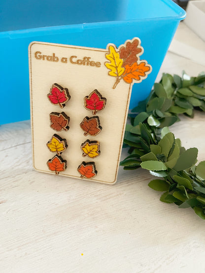 Handmade Autumn Maple Leaf Wooden Stud Earrings – Red, Brown, Orange, or Yellow (Birch Plywood, 1 cm)